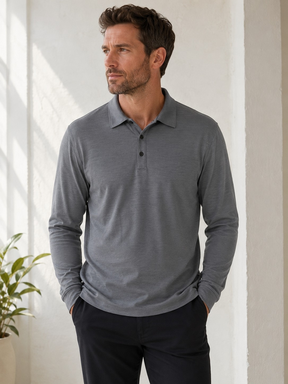 J. Crew Men's Merino Wool Long-Sleeve Polo in Grey Sz L